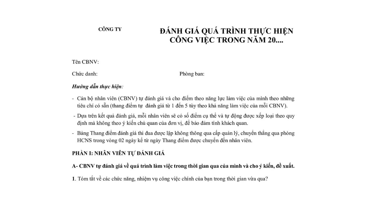 Mẫu đánh giá dựa trên kết quả nhận xét của bản thân và quản lý
