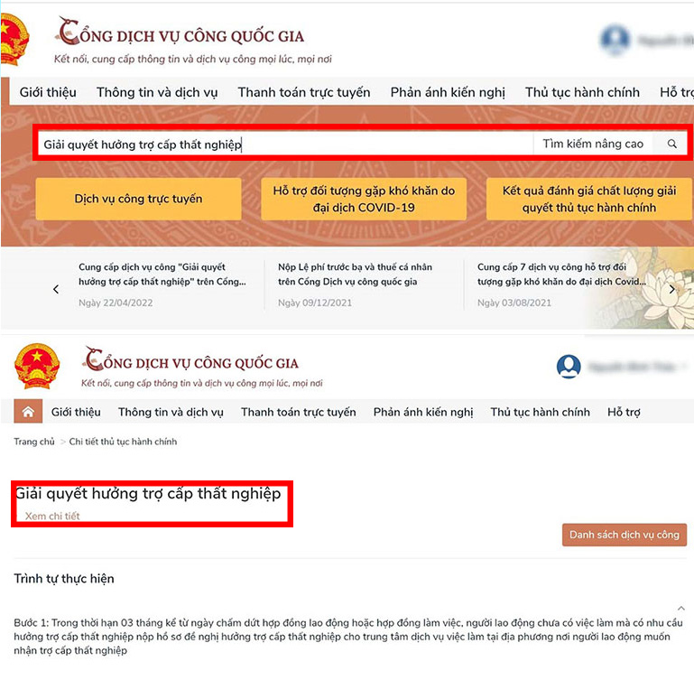 Tìm kiếm mục Giải quyết hưởng trợ cấp thất nghiệp
