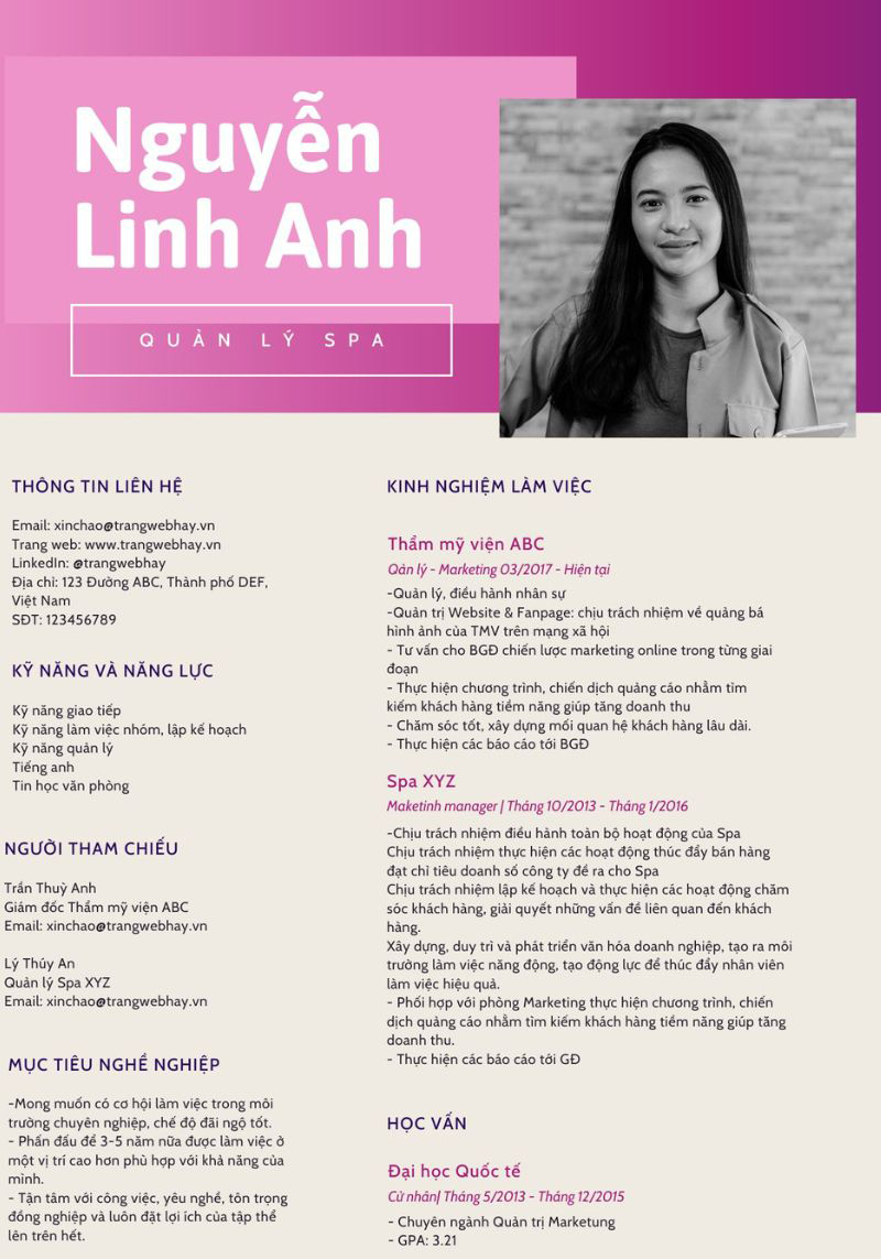 mẫu cv làm đẹp spa ấn tượng