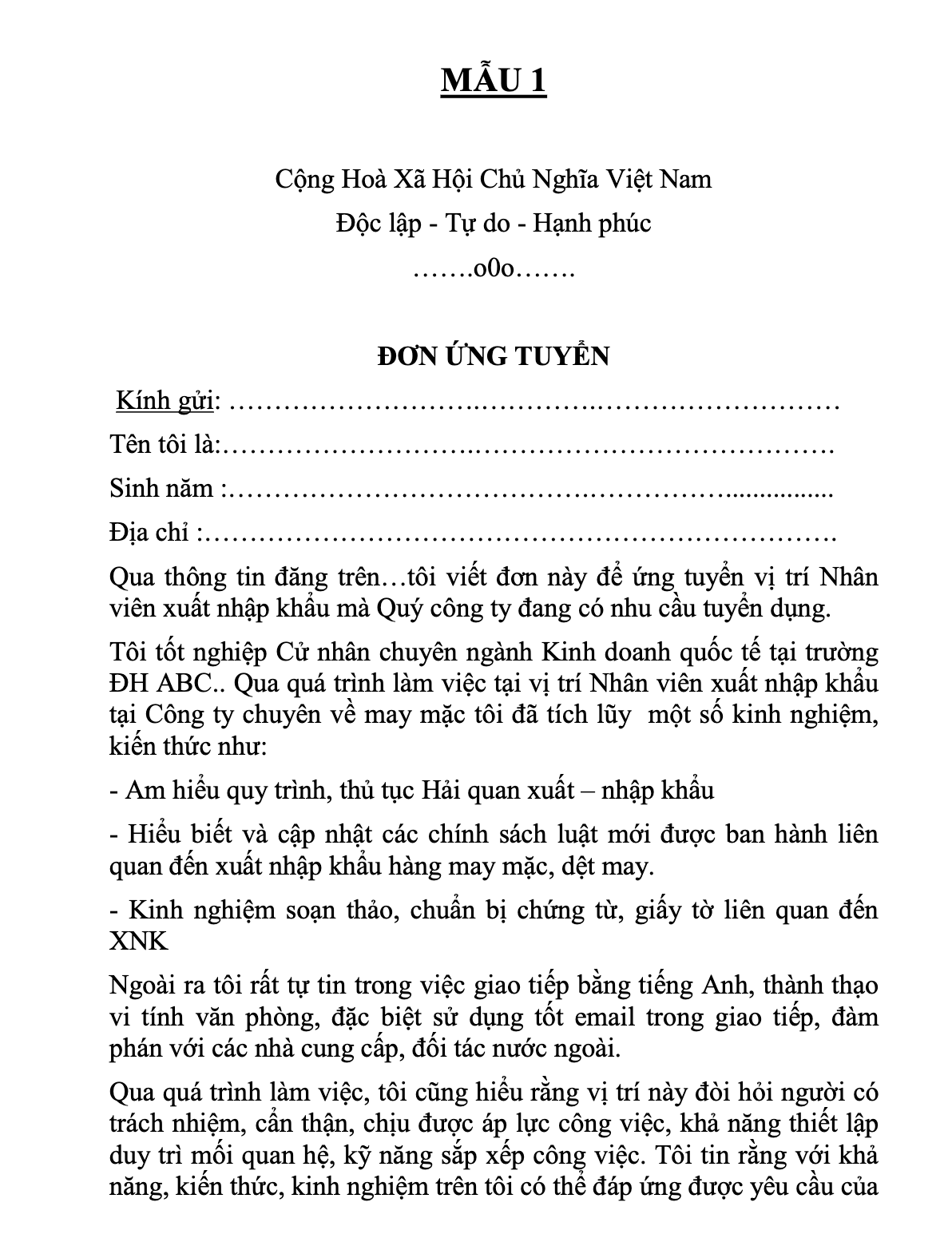 Mẫu đơn xin việc cho nghề xuất nhập khẩu số 1