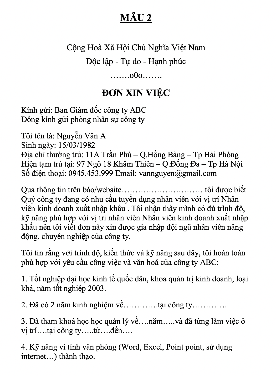 Mẫu đơn xin việc làm cho nghề xuất nhập khẩu số 2