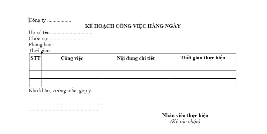 Mẫu công việc hàng ngày