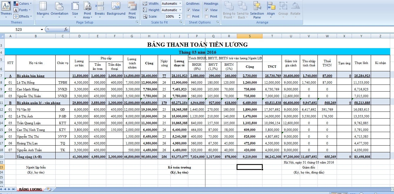 Minh họa tính năng tự lập bảng tính lương